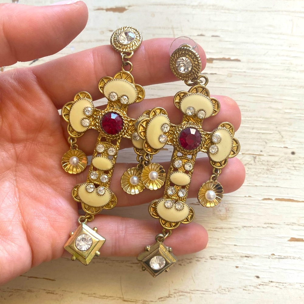 VINTAGE Ivory Gothic Cross Earrings with red gemstones and gold hardware